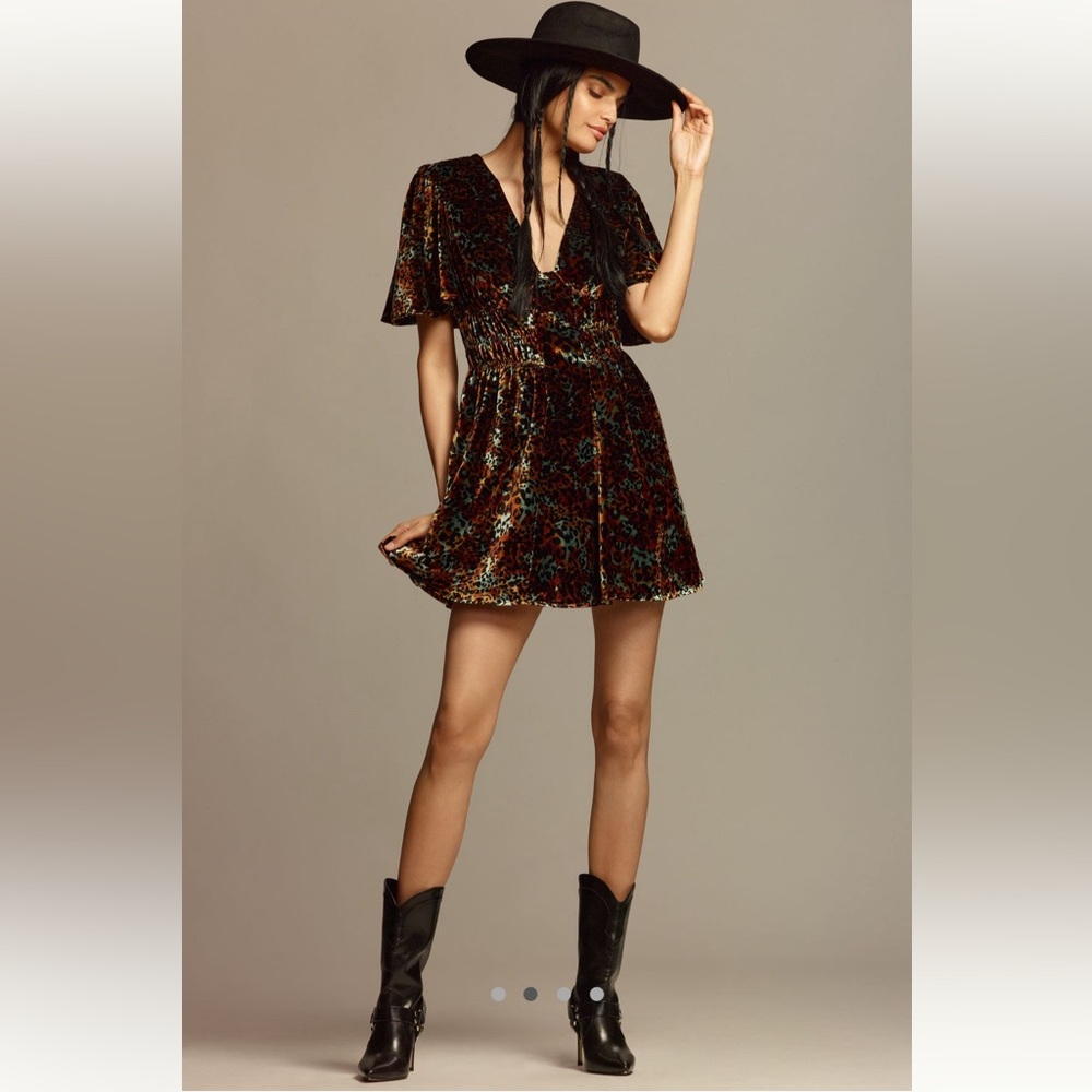 Anthropologie Short Sleeve Velvet Mini Dress - Brown Leopard NWT